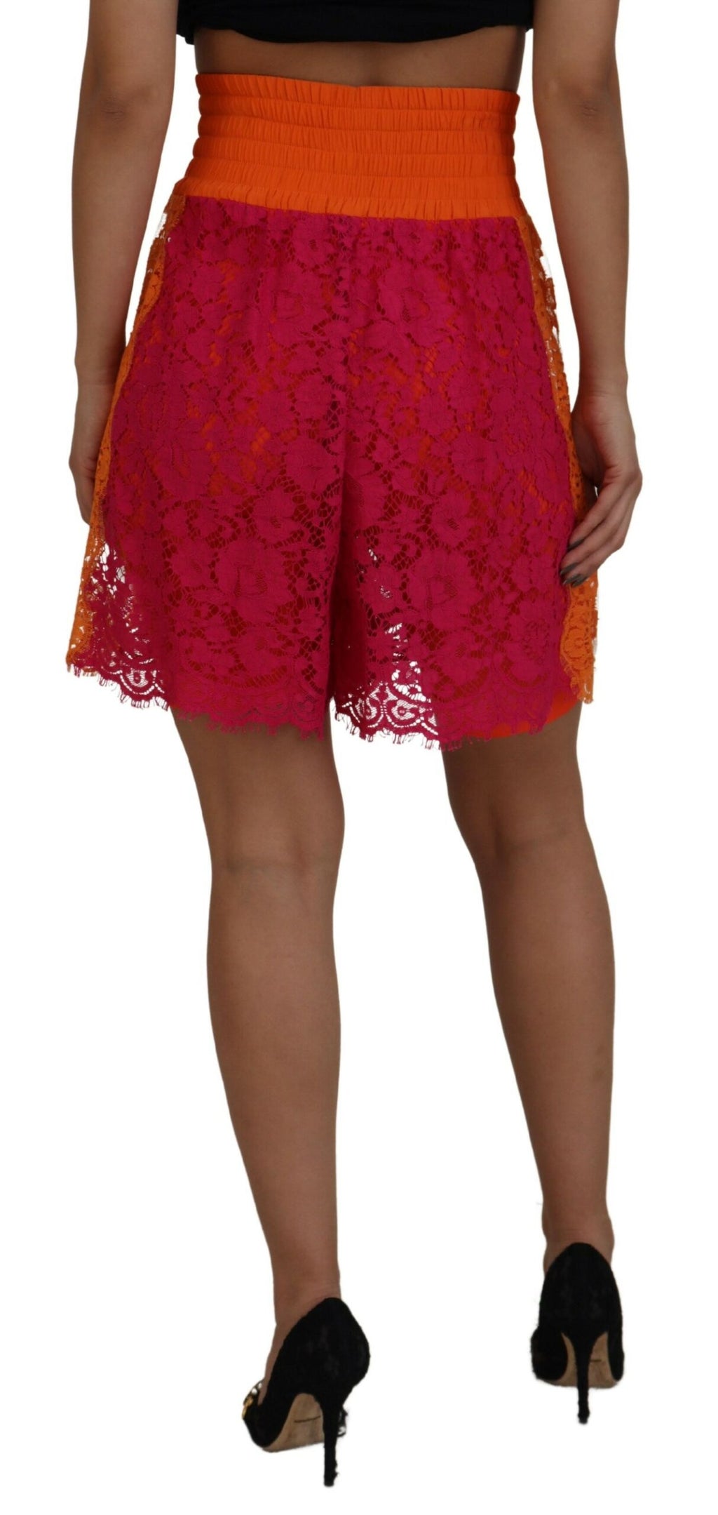 Rosa Orange Spets Bomullsshorts med Hög Midja