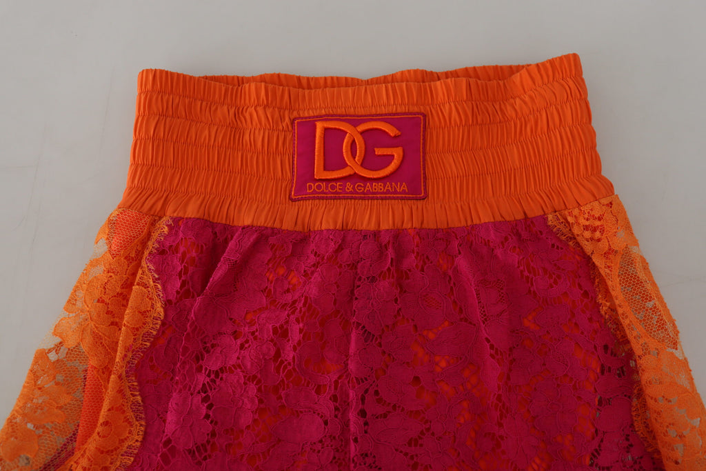 Rosa Orange Spets Bomullsshorts med Hög Midja