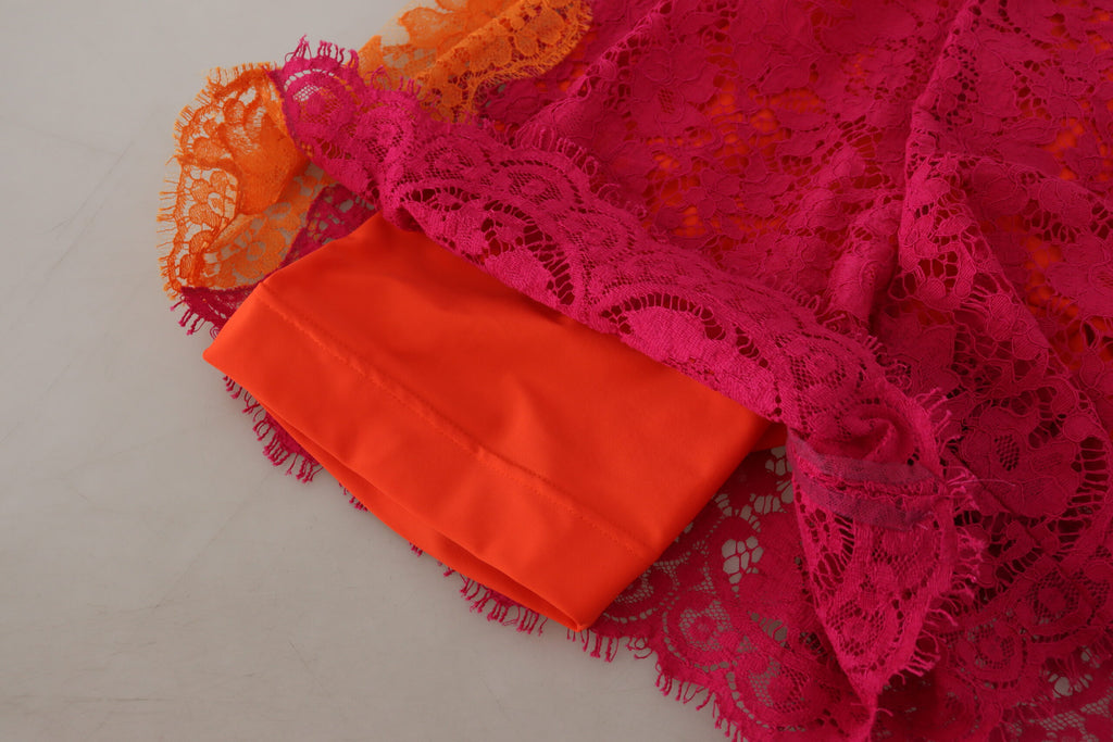 Rosa Orange Spets Bomullsshorts med Hög Midja