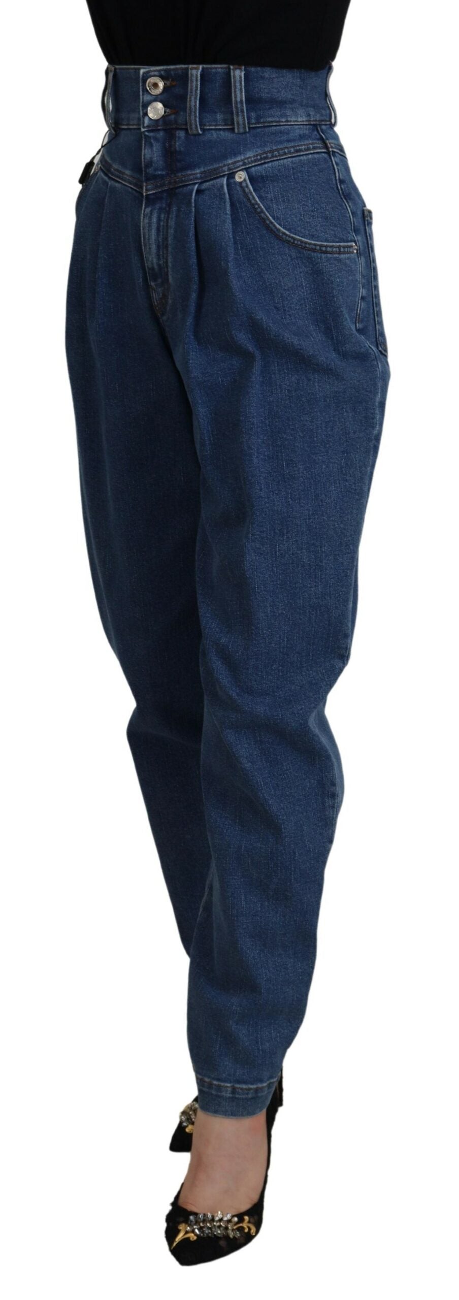 Blå jeans med hög midja och stretch i bomull