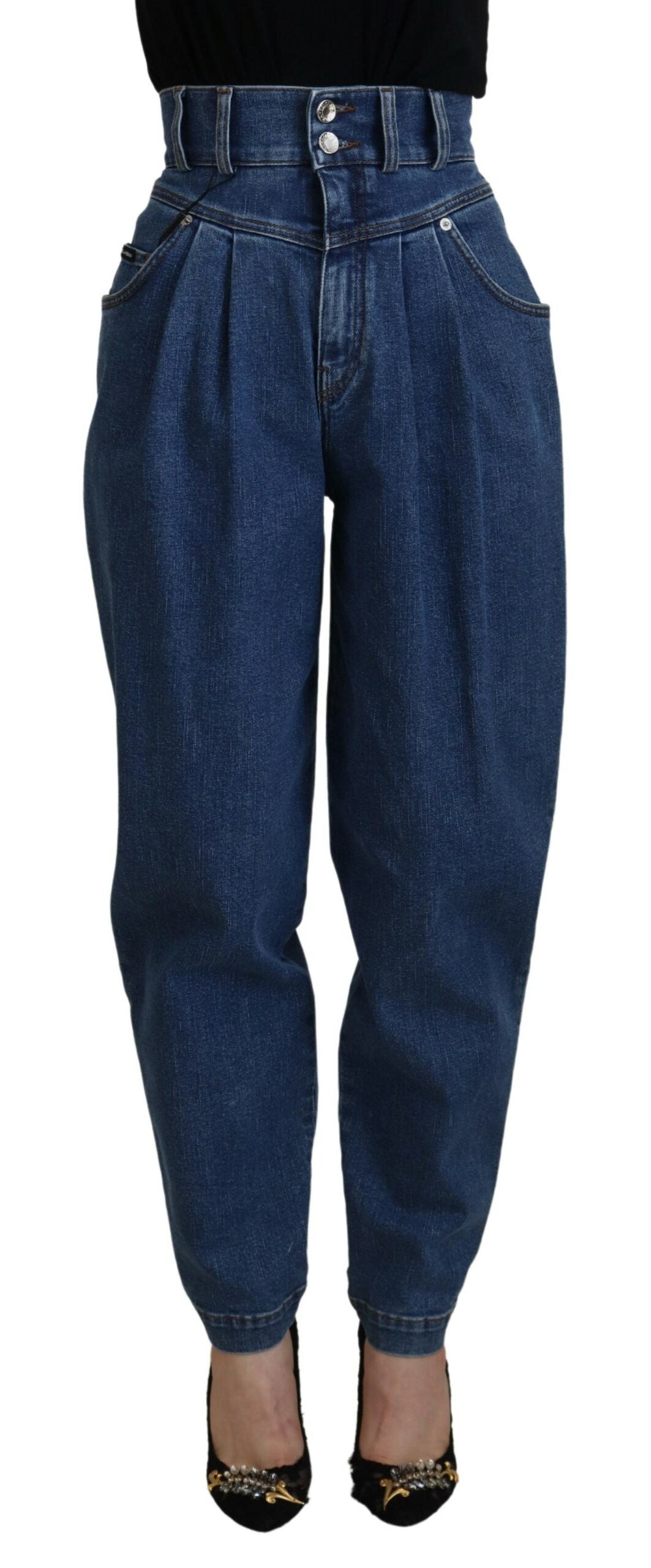 Blå jeans med hög midja och stretch i bomull