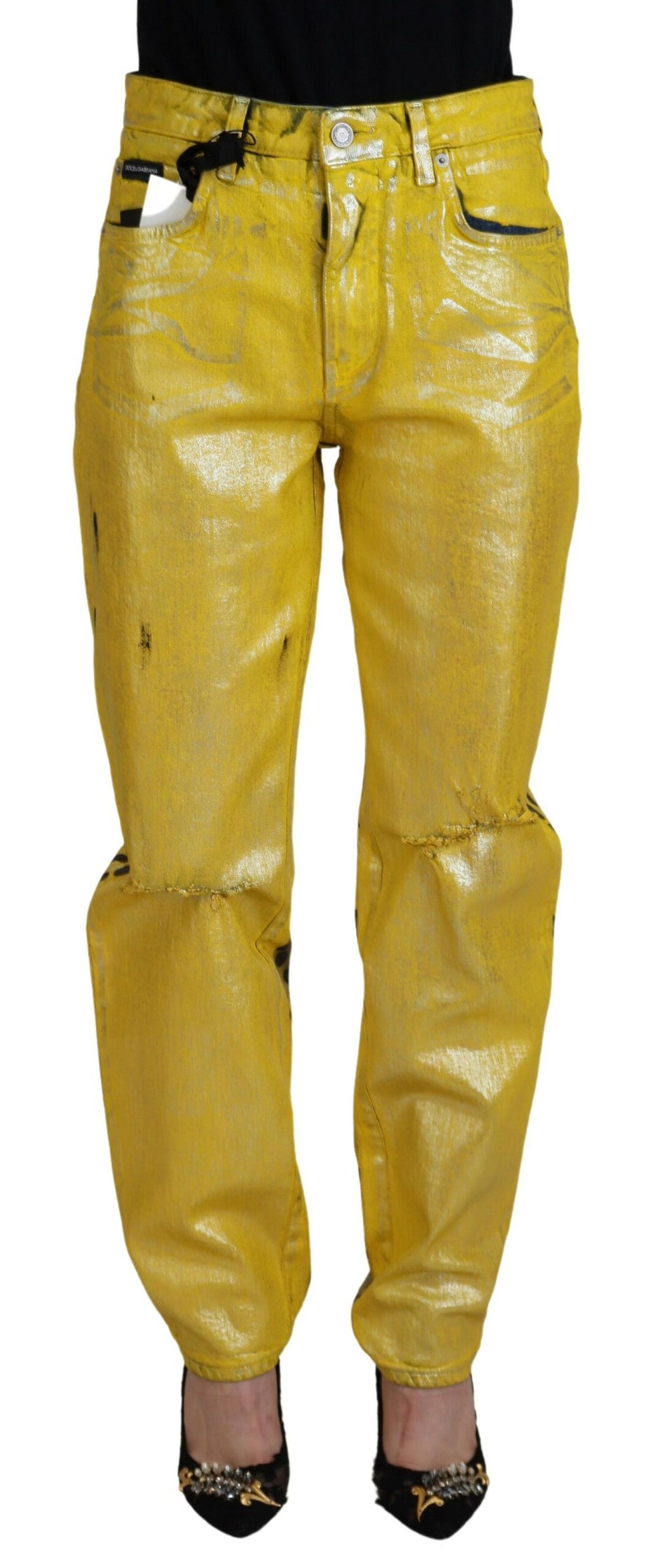Gula leopardfärgade raka bomullsjeans