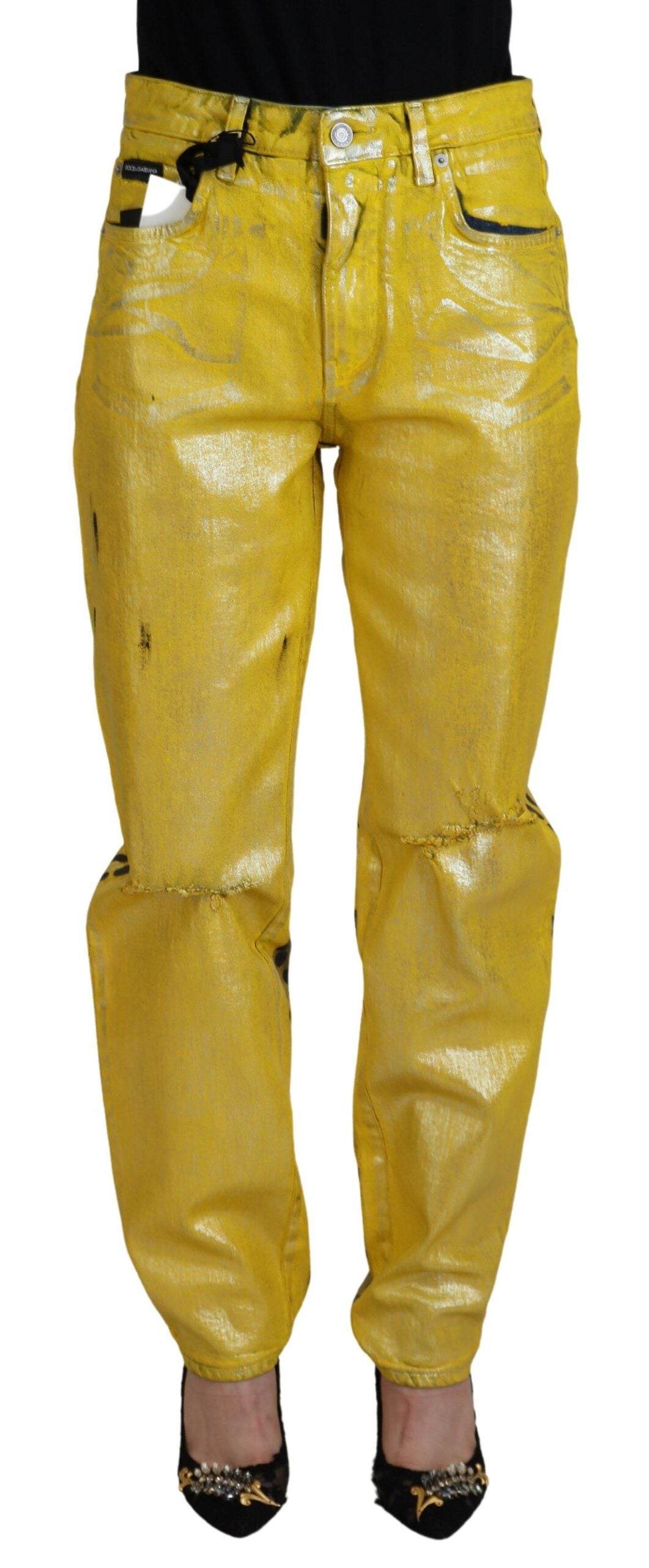 Gula leopardfärgade raka bomullsjeans