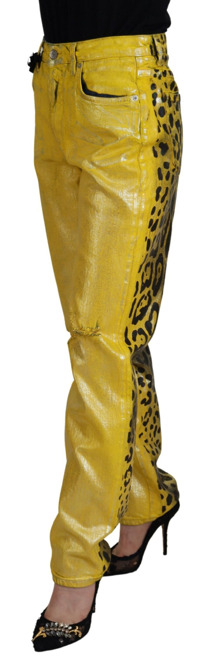Gula leopardfärgade raka bomullsjeans