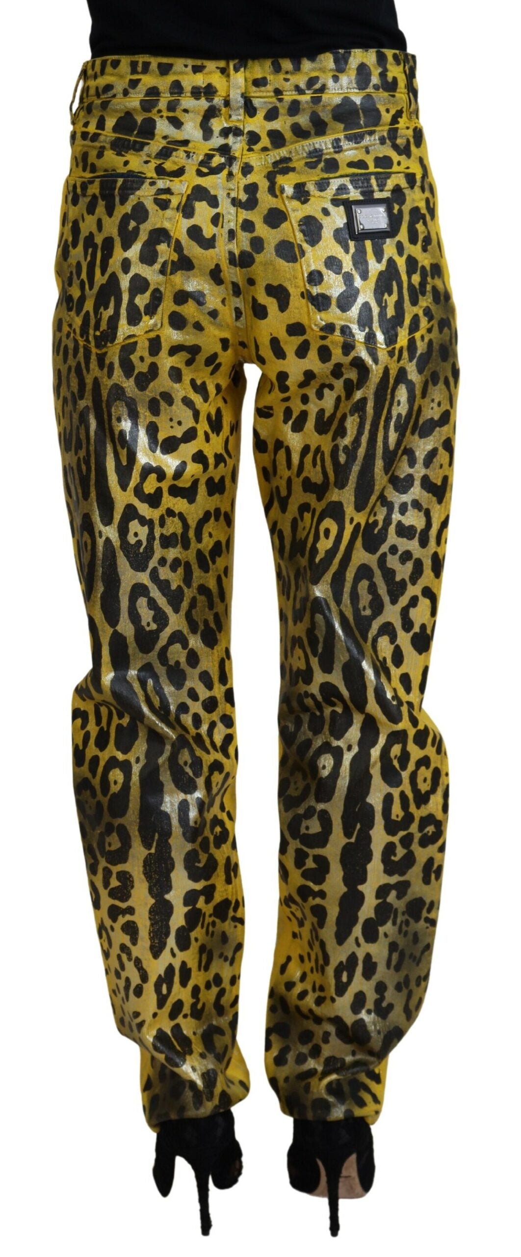 Gula leopardfärgade raka bomullsjeans