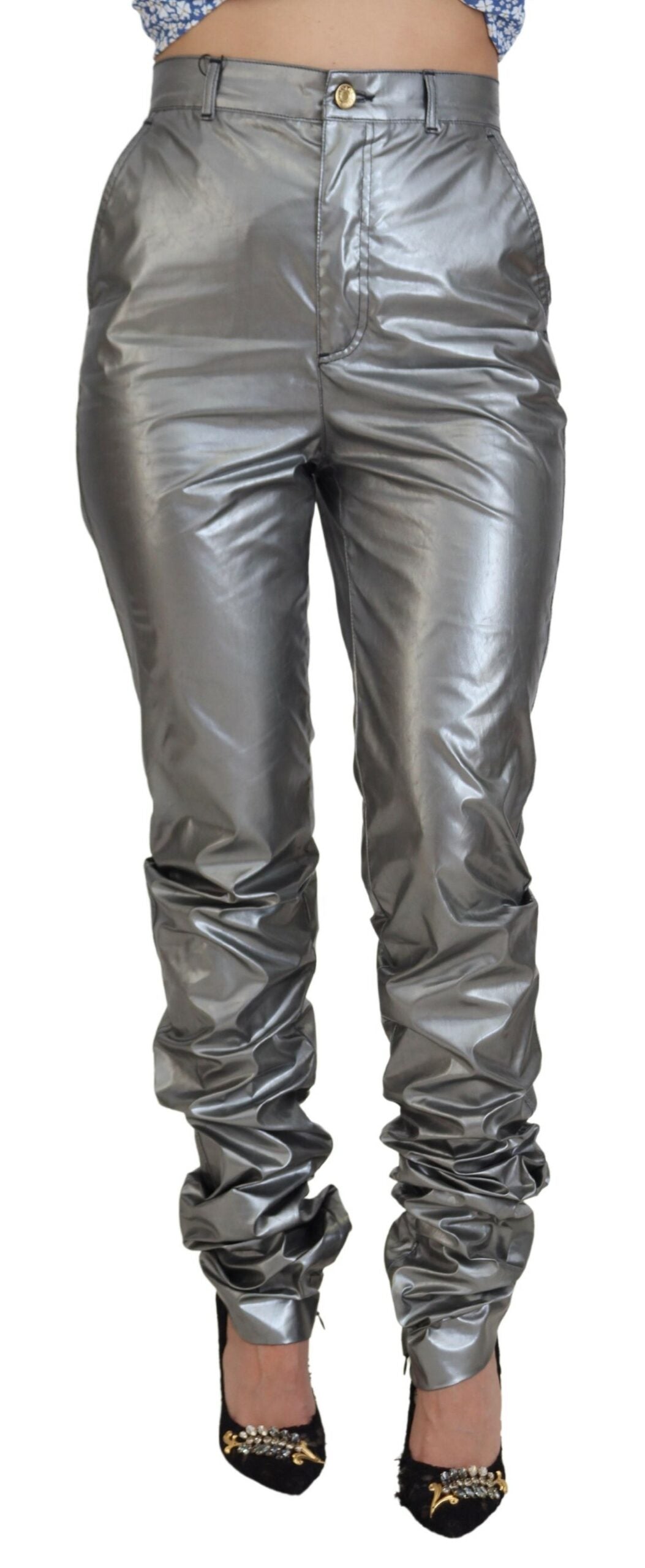 Metallic Silverfärgade Skinny Pants med Hög Midja