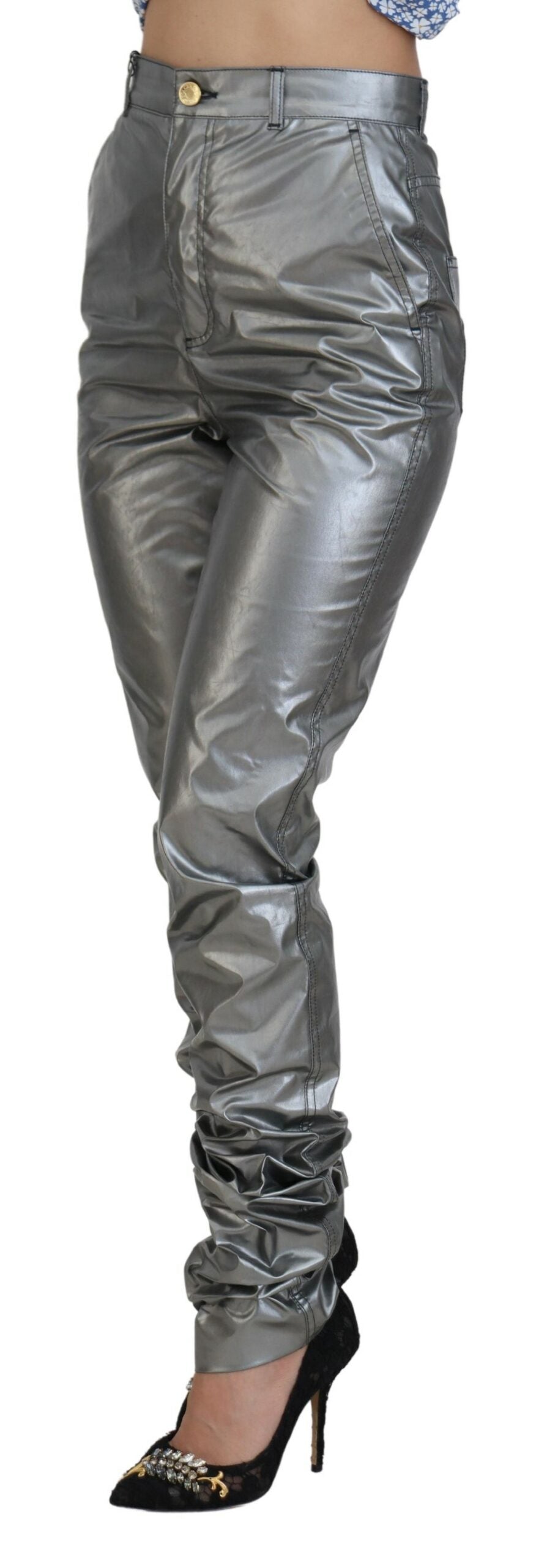 Metallic Silverfärgade Skinny Pants med Hög Midja