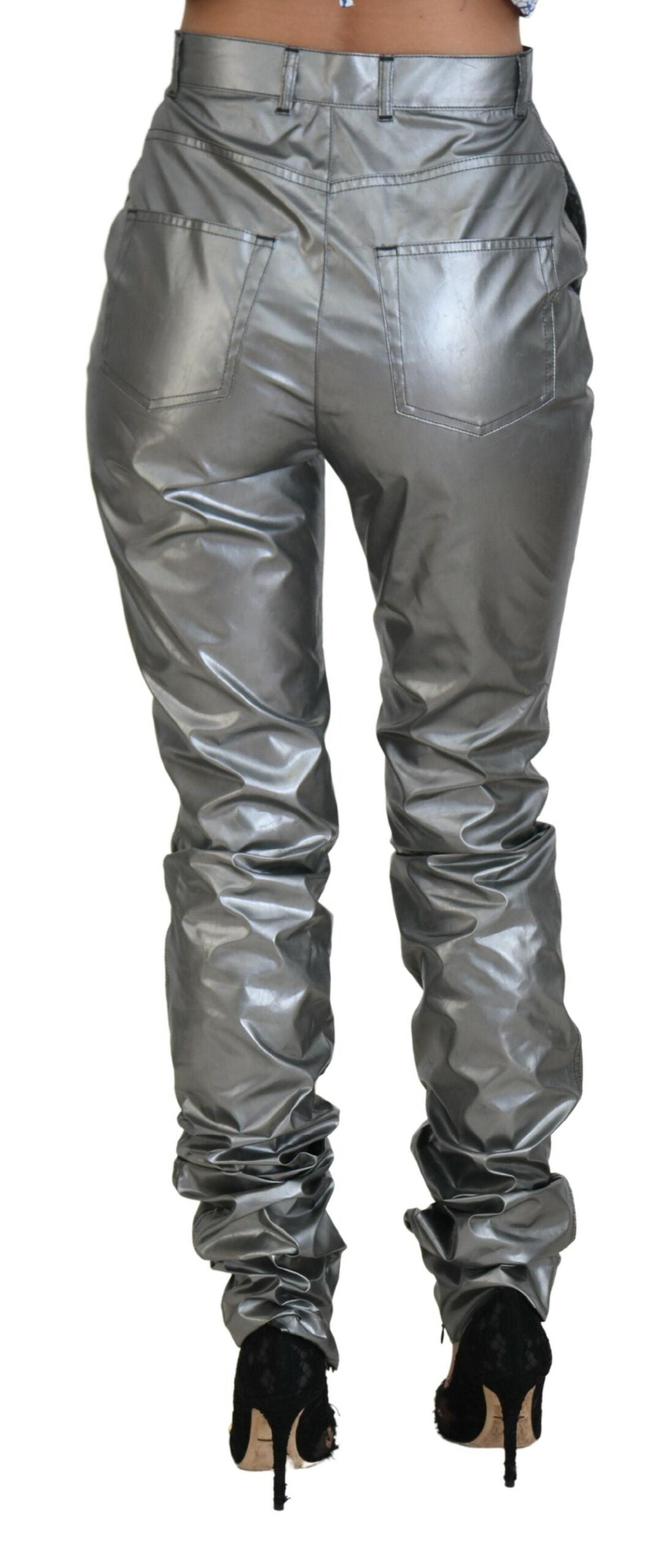 Metallic Silverfärgade Skinny Pants med Hög Midja