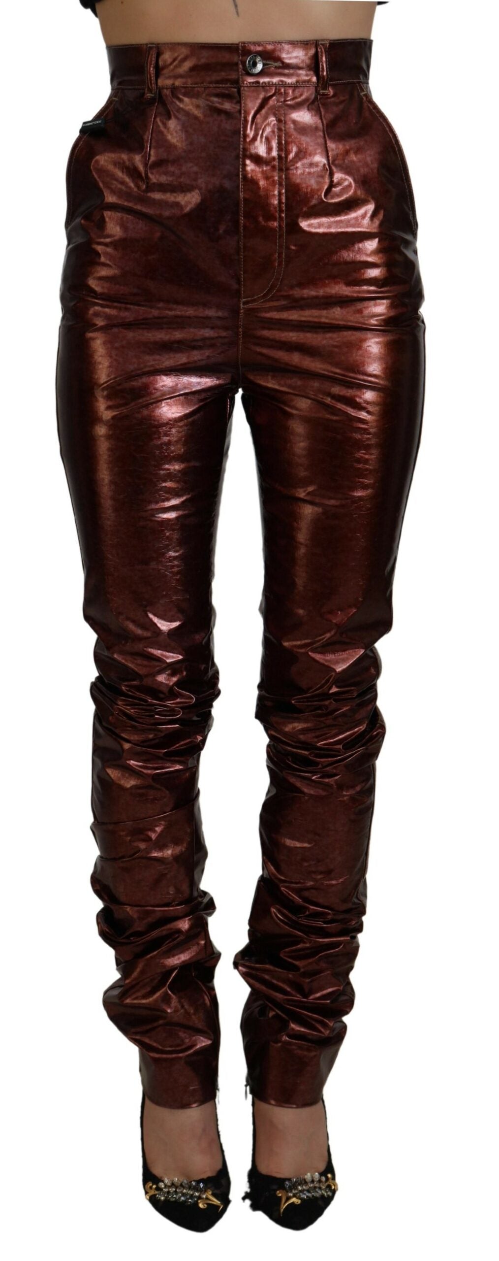 Metalliska bronsfärgade skinny jeans med hög midja