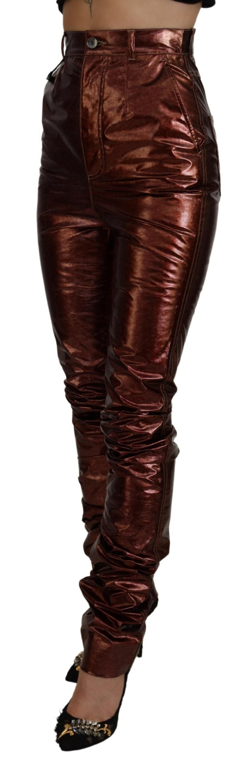 Metalliska bronsfärgade skinny jeans med hög midja