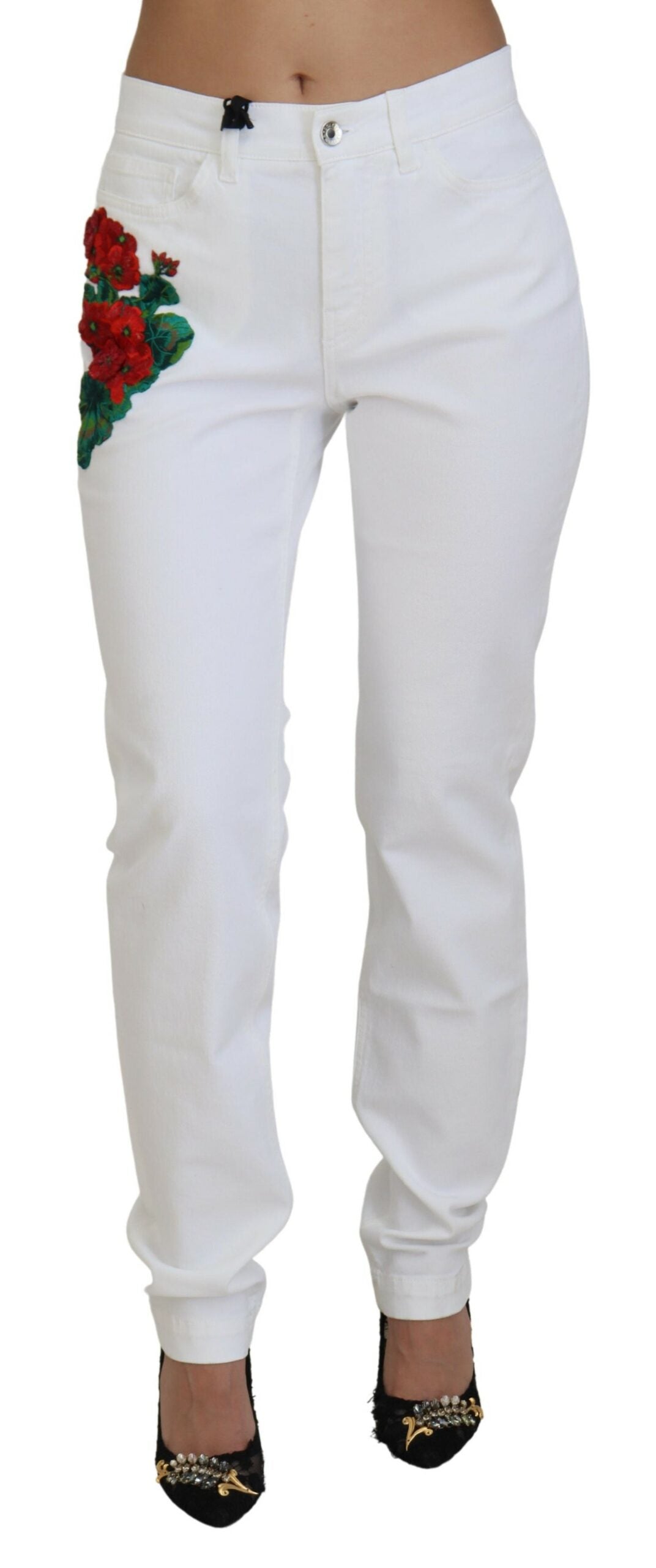Vita skinny jeans med blommig broderi