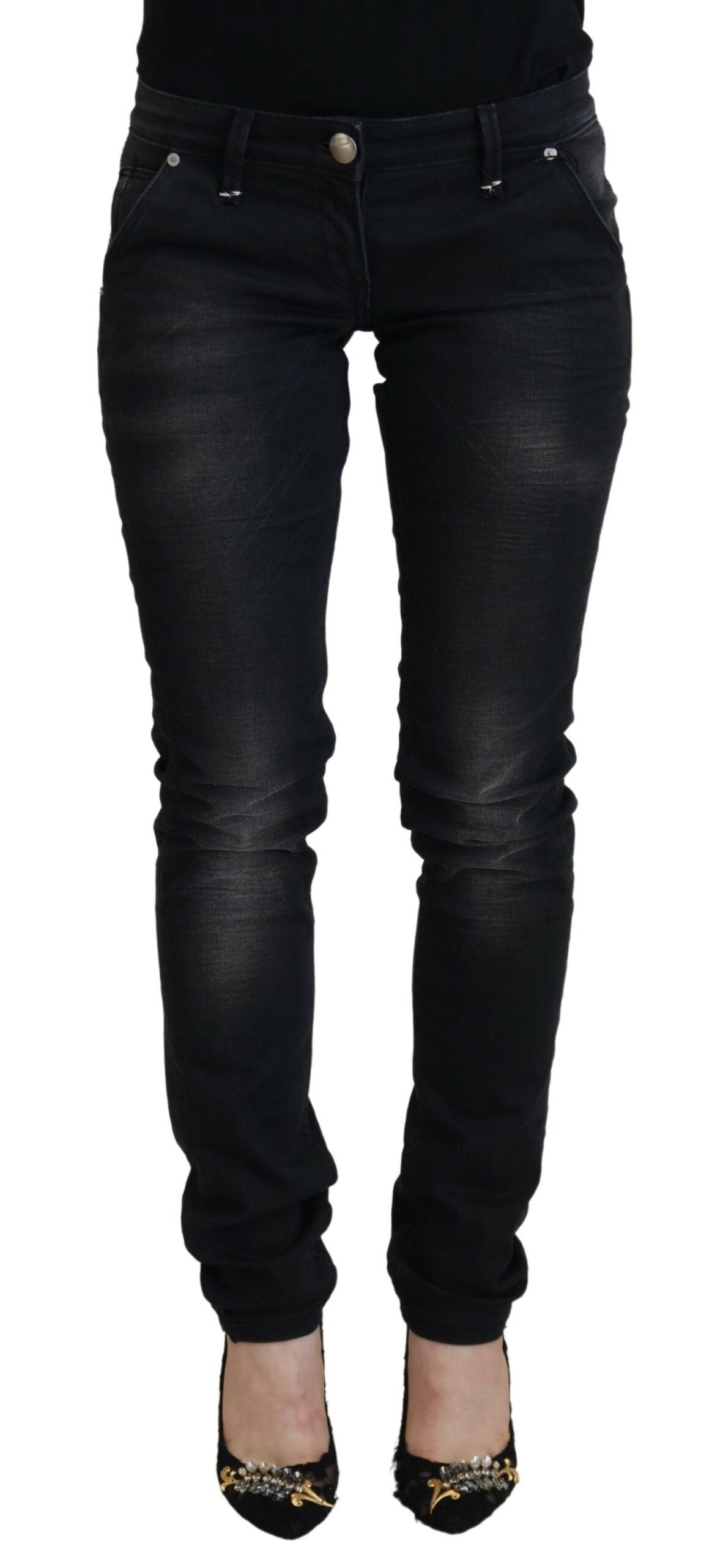 Svarte, vaskede bomullsskinnede damejeans i casual-stil