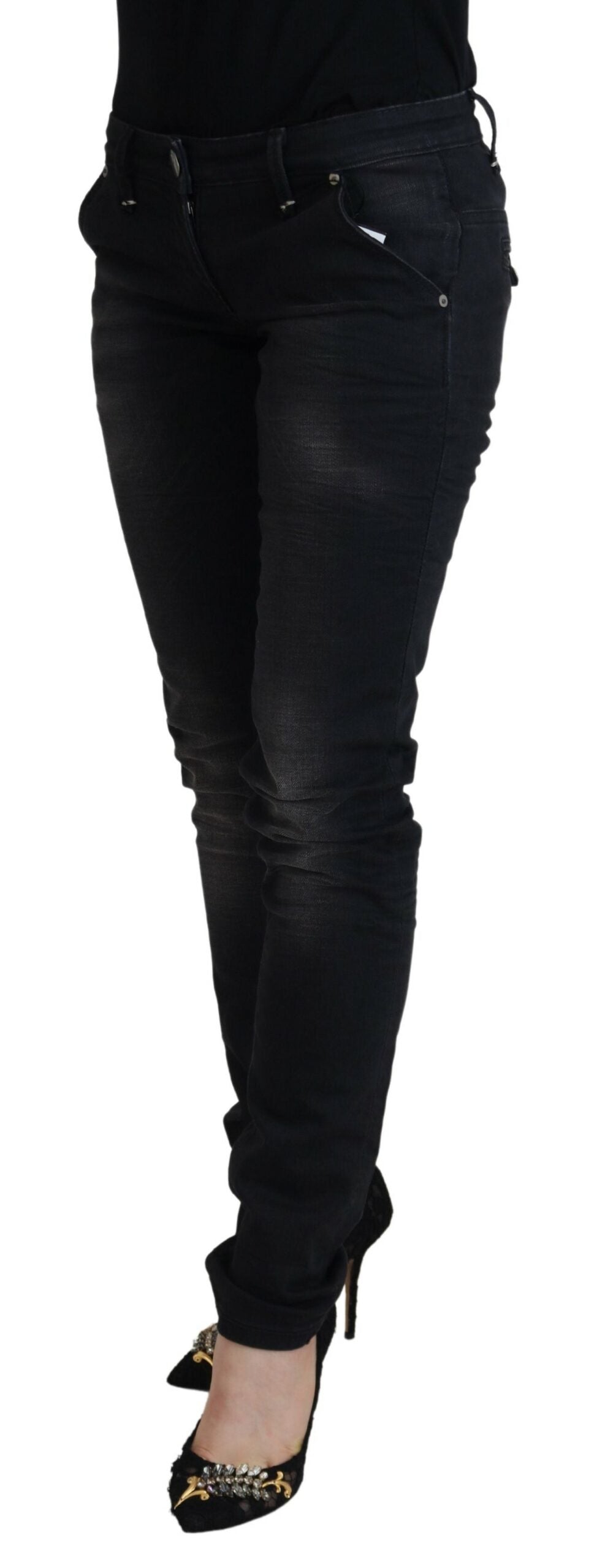 Svarte, vaskede bomullsskinnede damejeans i casual-stil