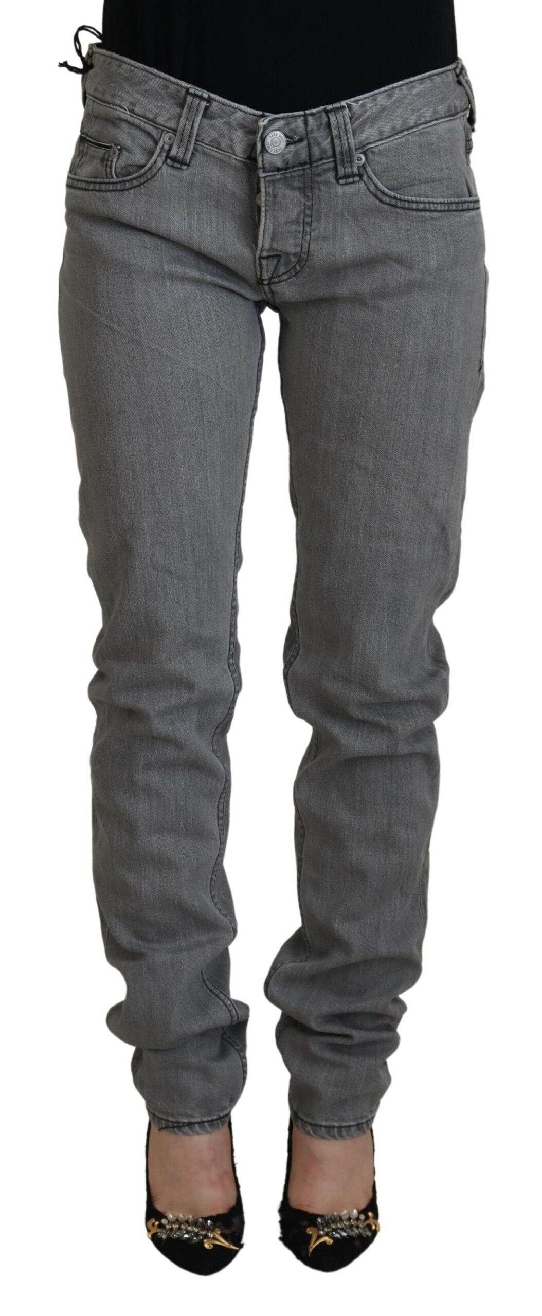 Grå tvättade bomulls skinny damer casual denim jeans