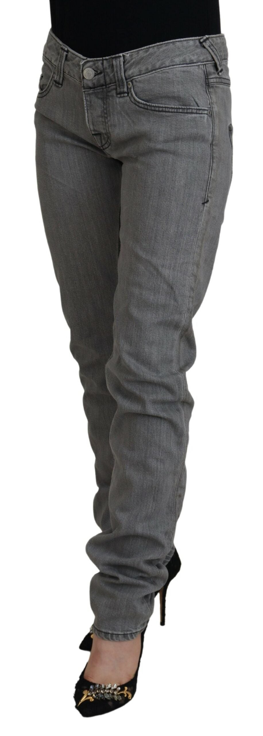 Grå tvättade bomulls skinny damer casual denim jeans