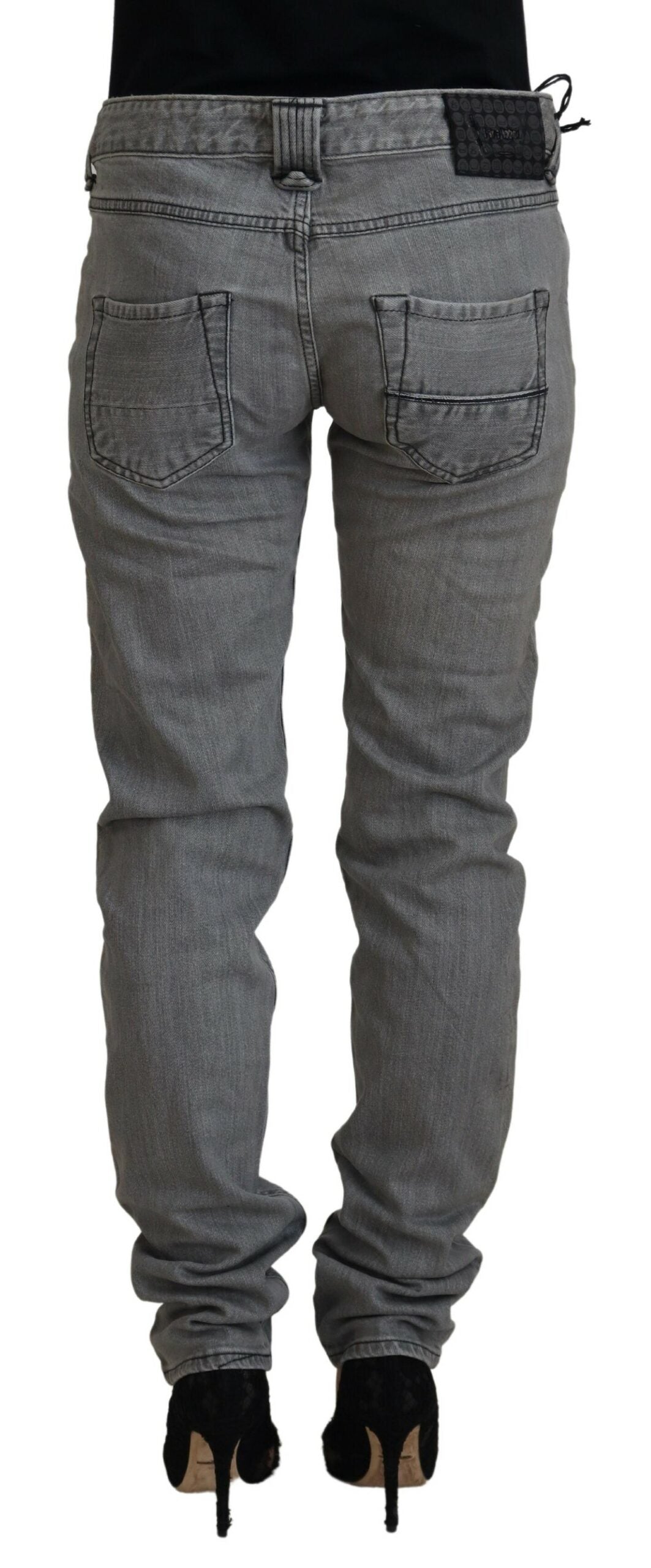 Grå tvättade bomulls skinny damer casual denim jeans