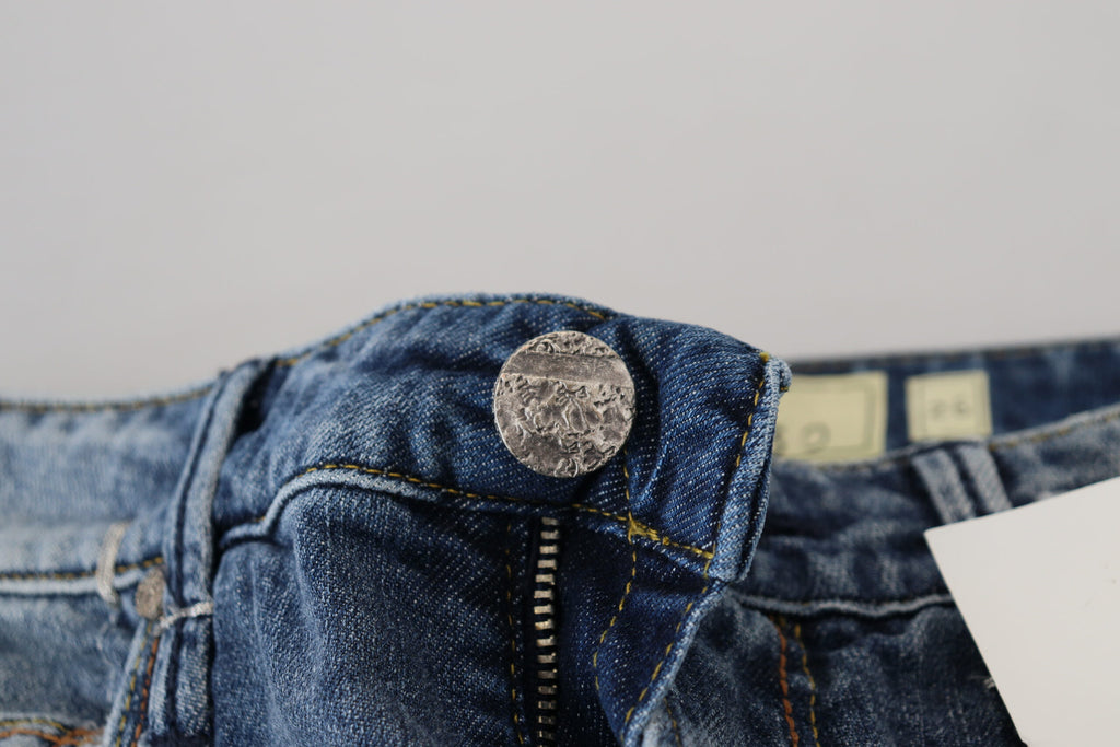 Blå tvättade bomullsjeans med låg midja för kvinnor