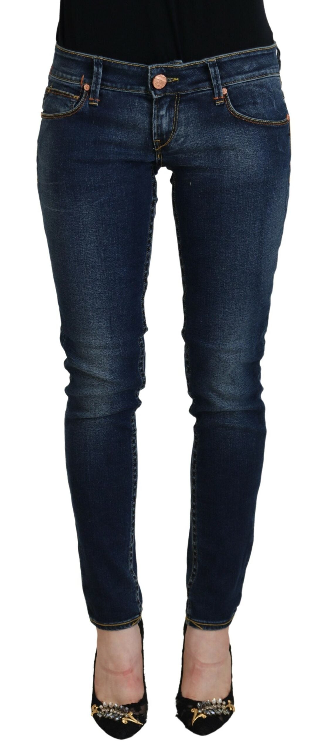 Blå bomulls lav midje skinny damejeans