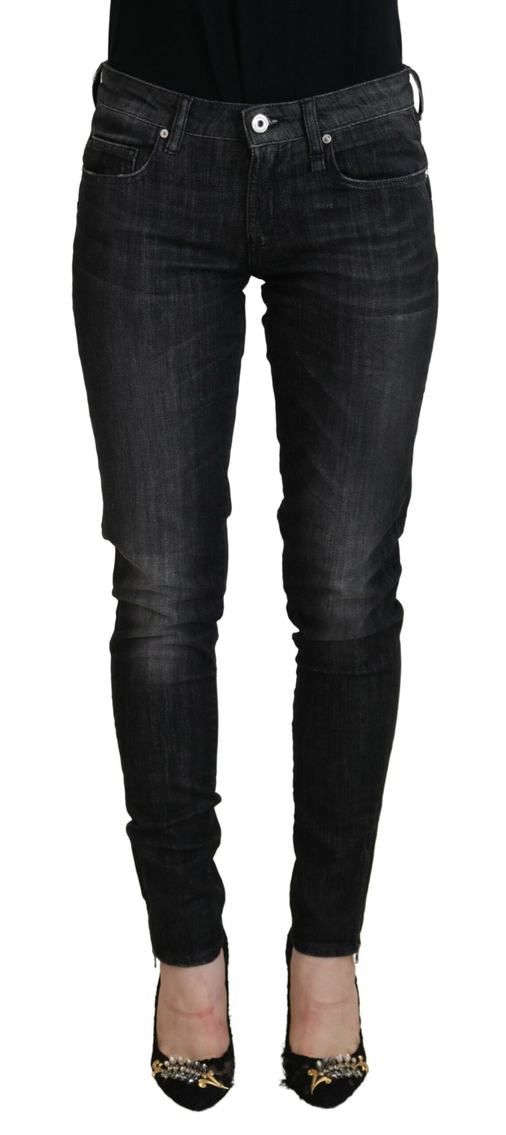 Svarta bomulls-låg midja skinny jeans för kvinnor