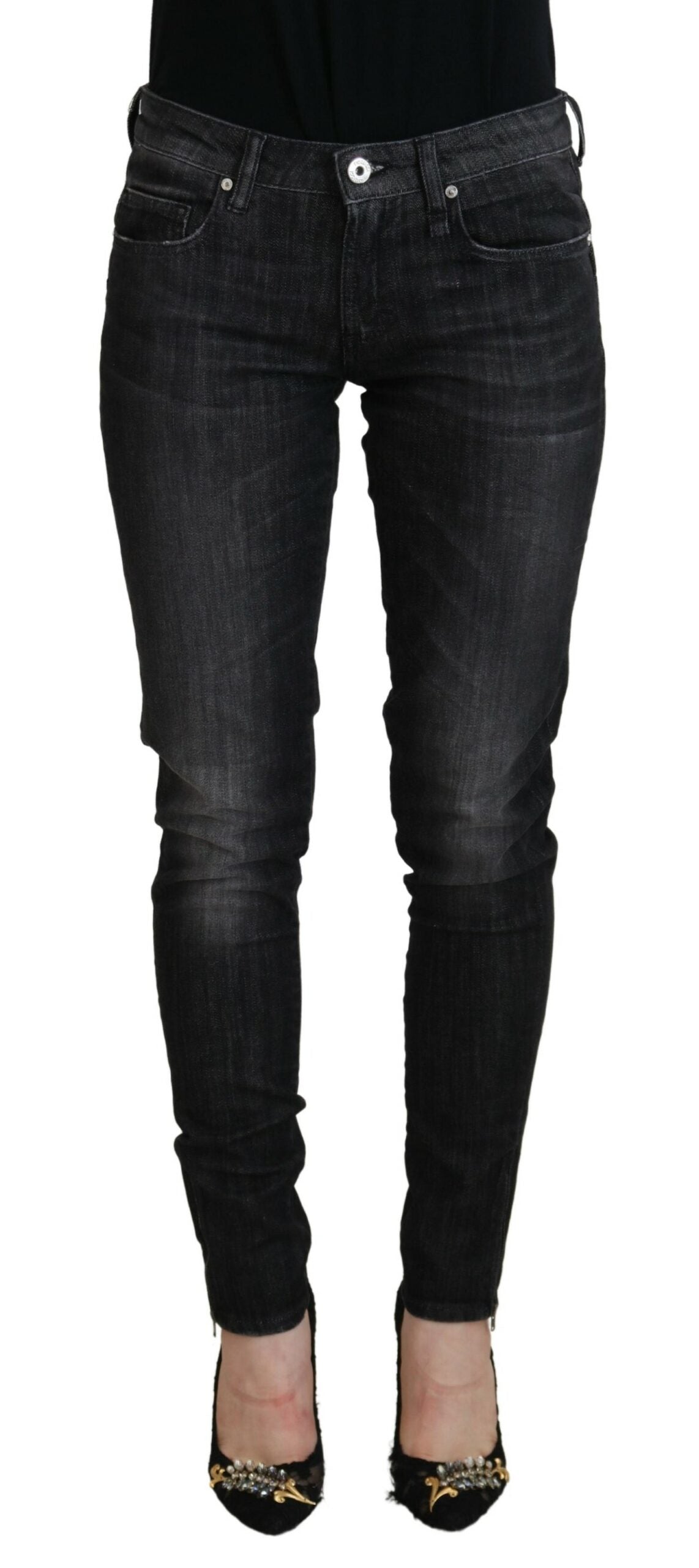 Svarta bomulls-låg midja skinny jeans för kvinnor