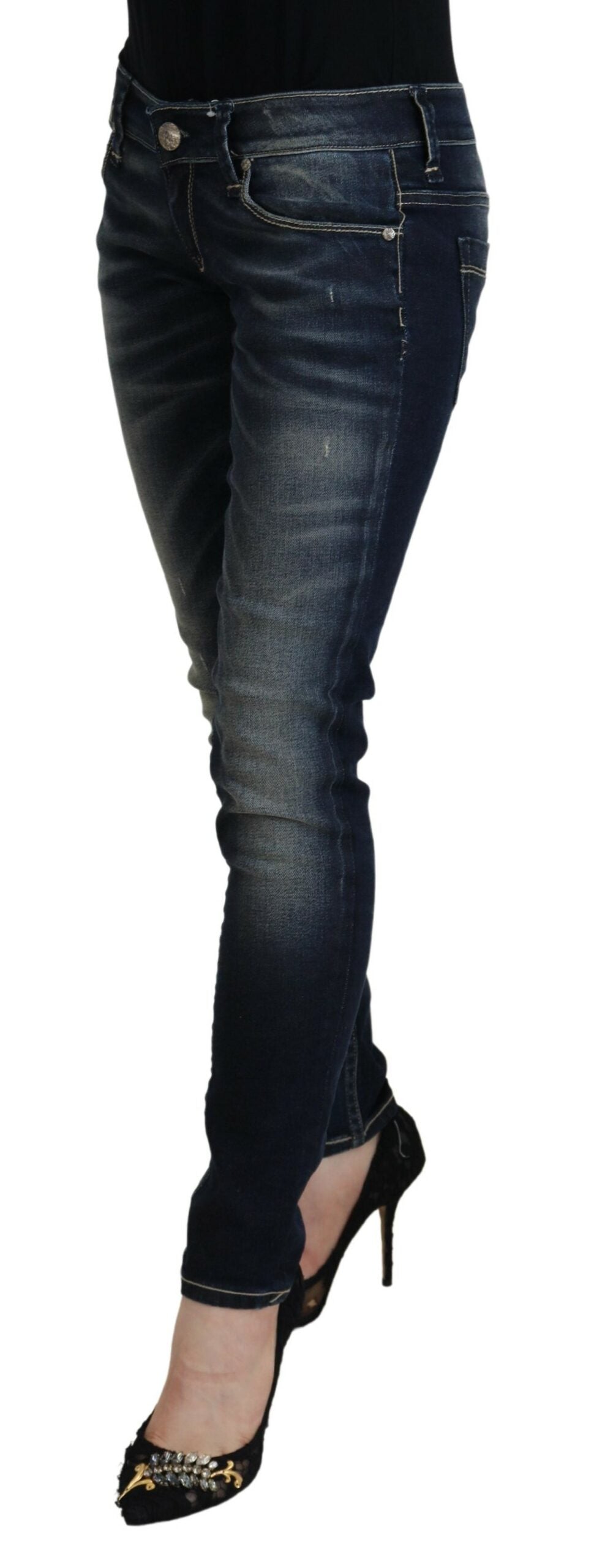 Blå tvättade bomulls slim fit-jeans för kvinnor