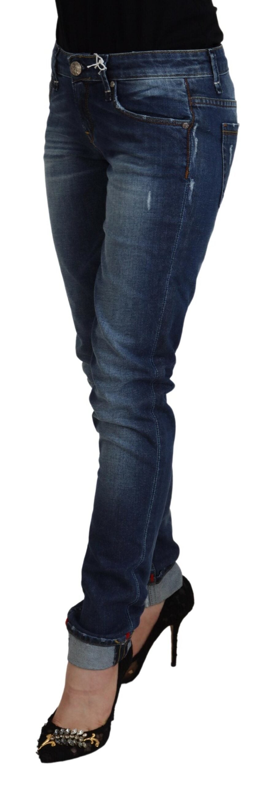 Blå tvättade bomulls slim fit-jeans för kvinnor