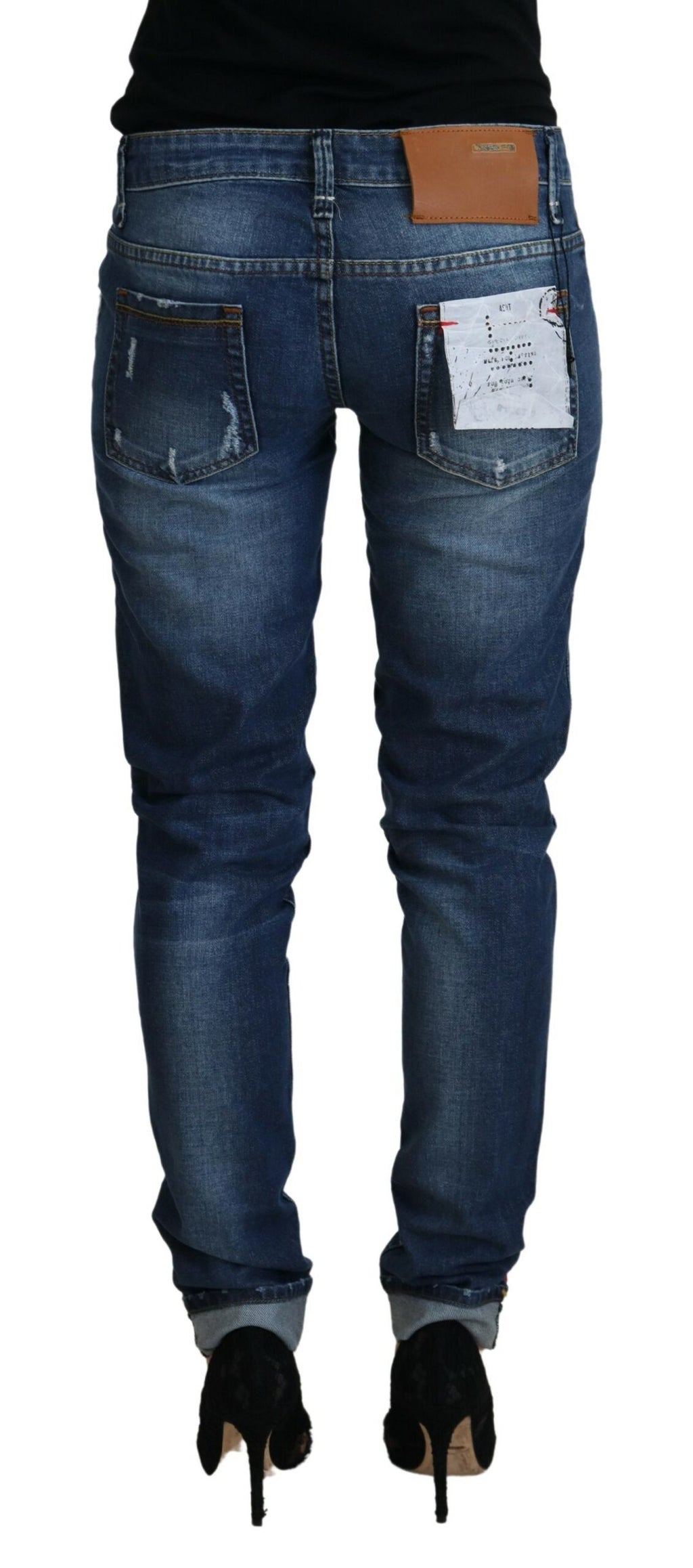 Blå tvättade bomulls slim fit-jeans för kvinnor