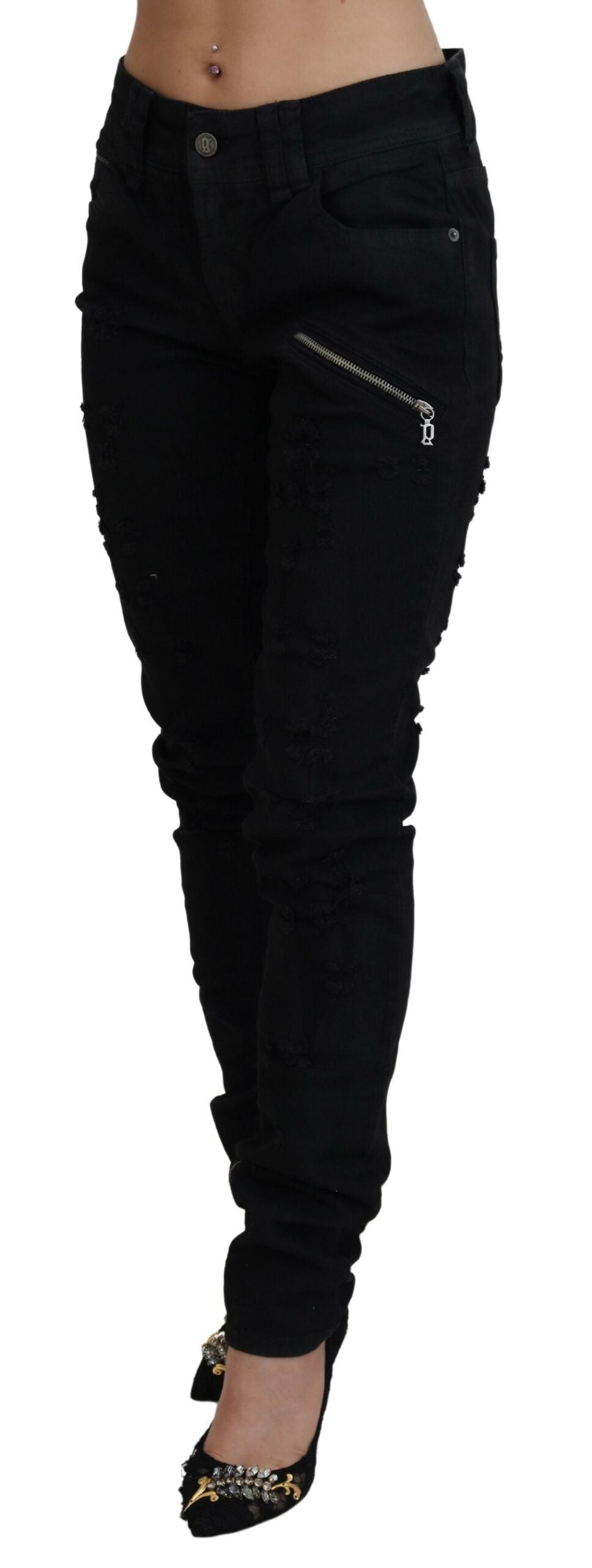 Svarta bomullsjeans med medelhög midja och smal passform