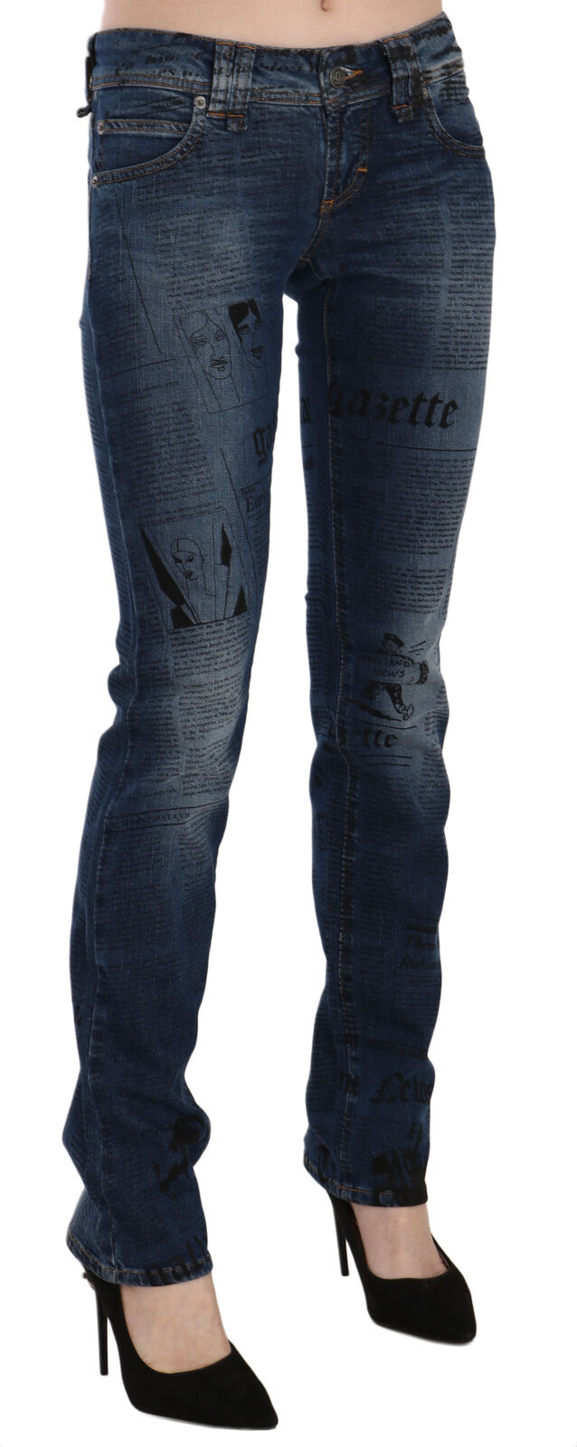 Blå tidningstryckta skinny jeansbyxor med låg midja