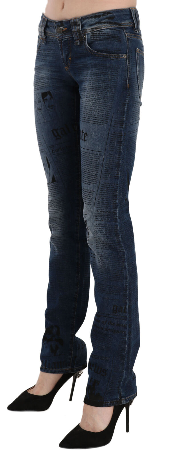 Blå tidningstryckta skinny jeansbyxor med låg midja
