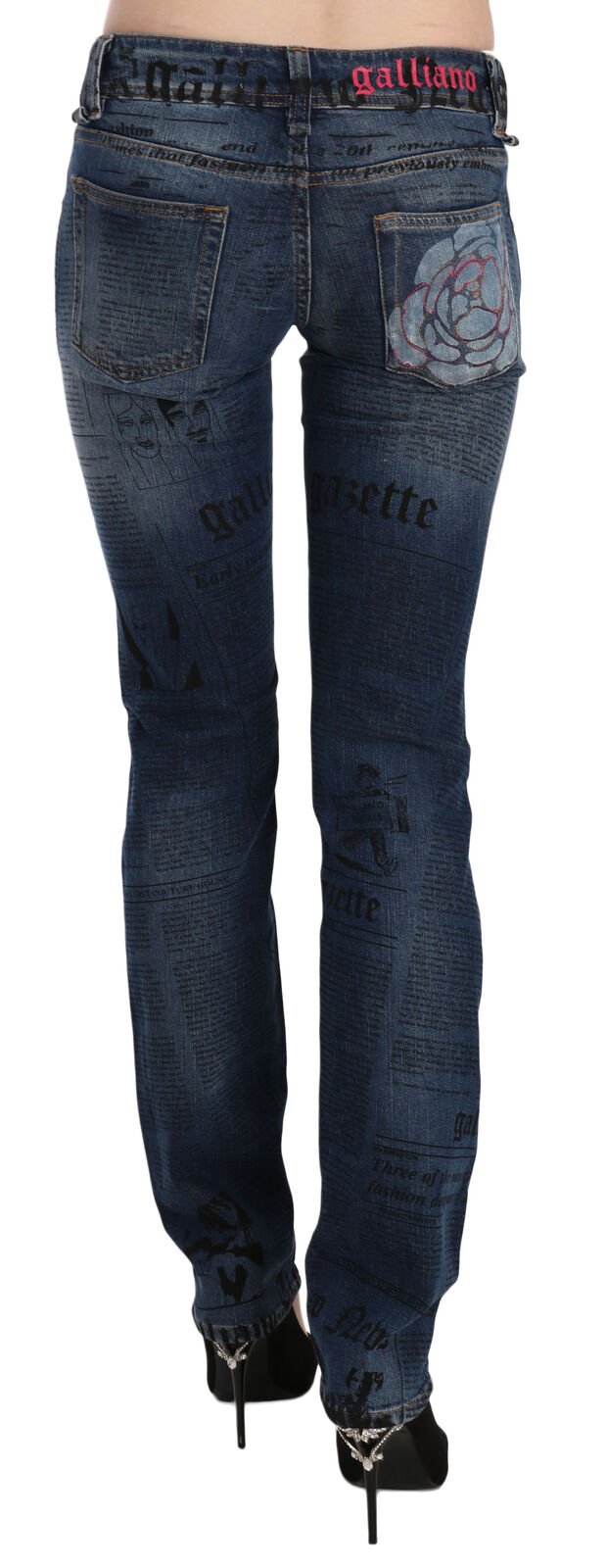 Blå tidningstryckta skinny jeansbyxor med låg midja