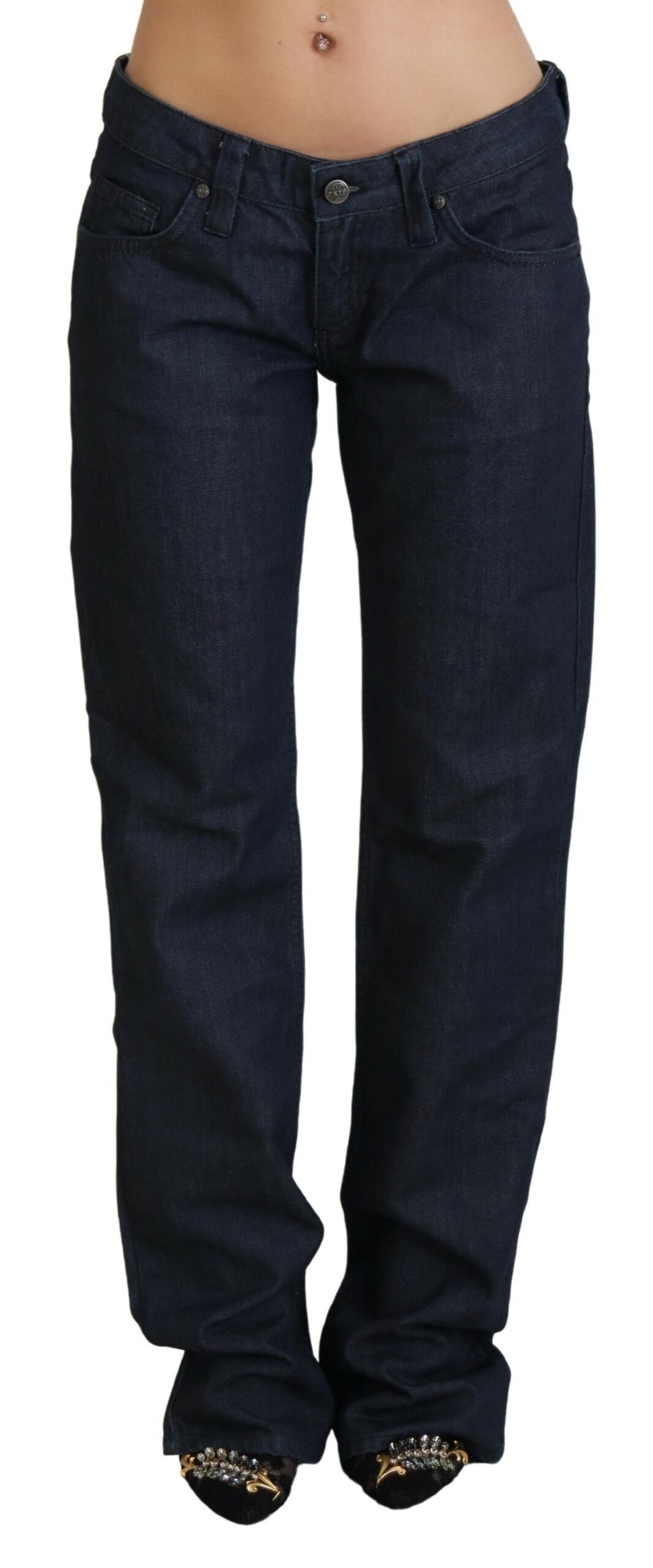 Mörkblå raka denimjeans med låg midja och dammotiv
