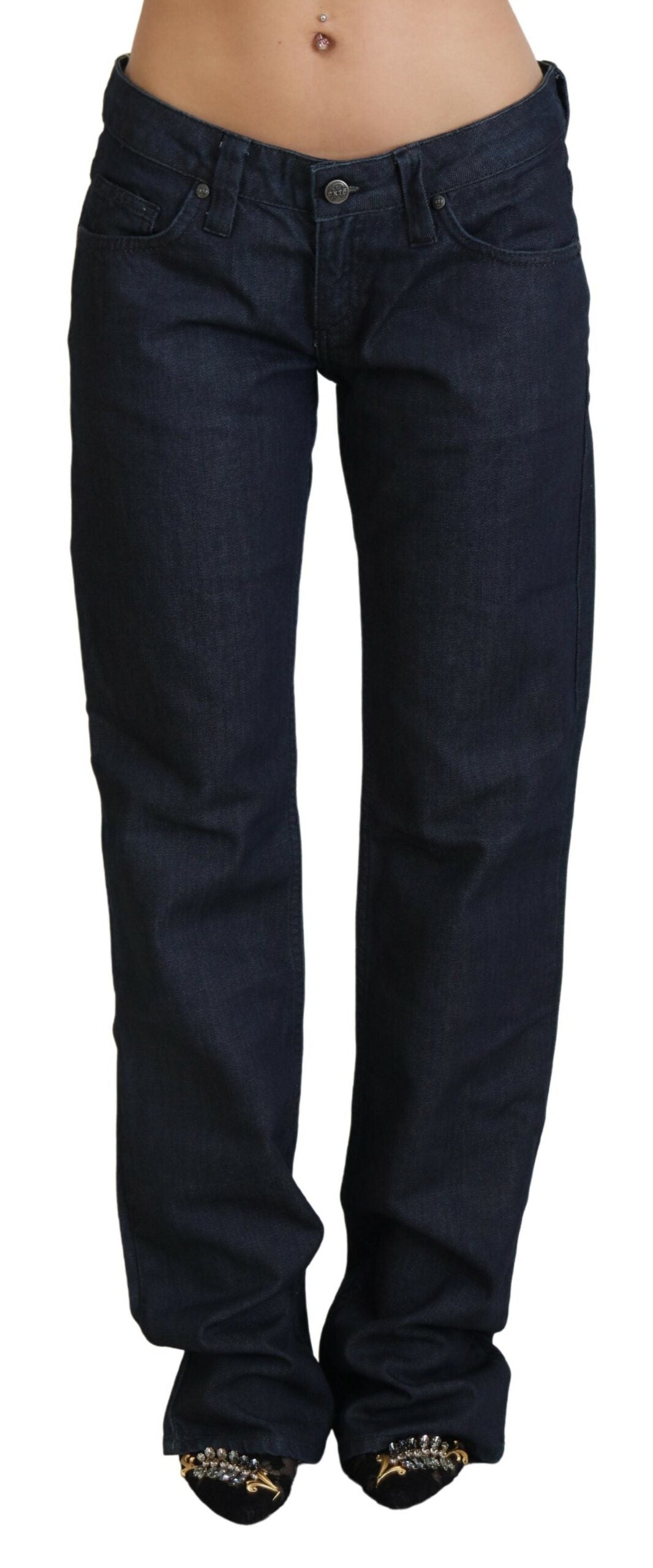 Mörkblå raka denimjeans med låg midja och dammotiv