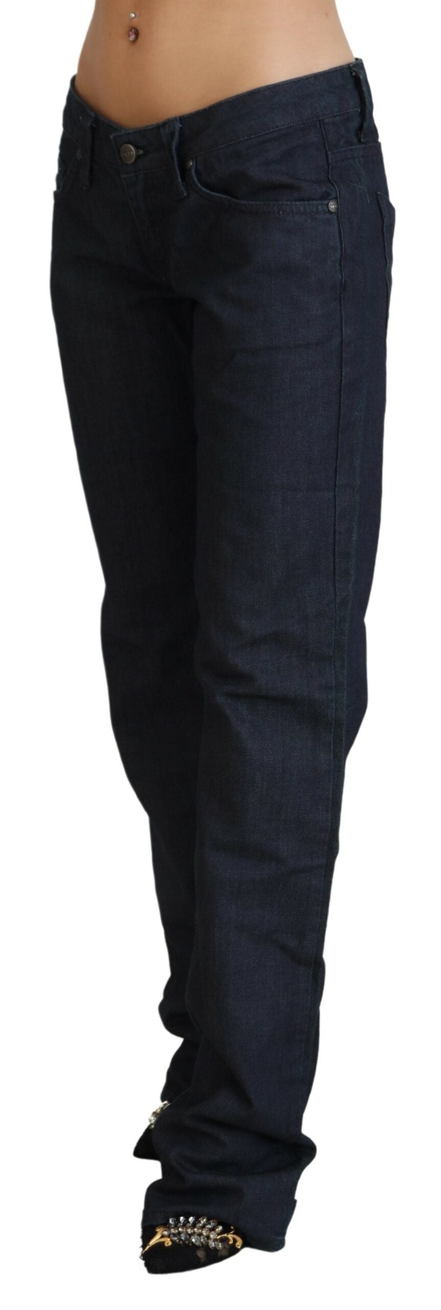 Mörkblå raka denimjeans med låg midja och dammotiv