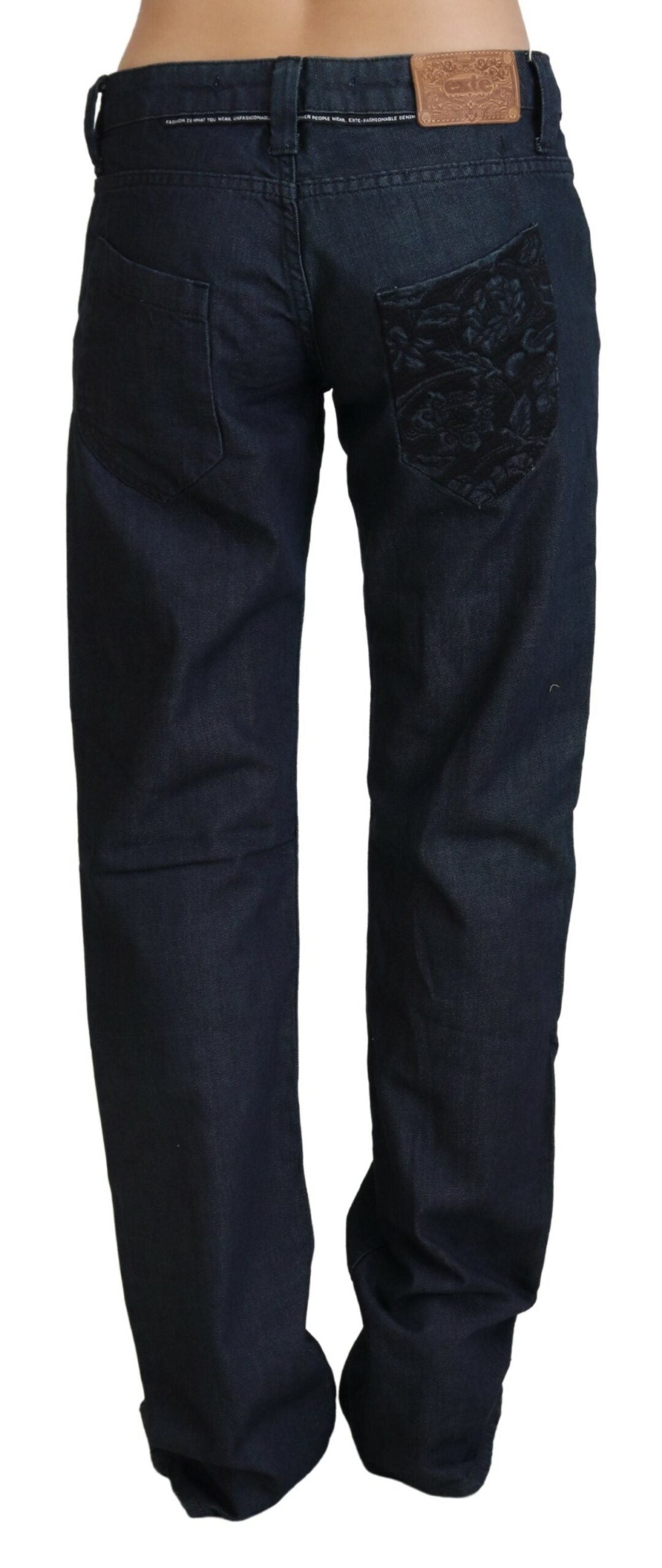 Mörkblå raka denimjeans med låg midja och dammotiv