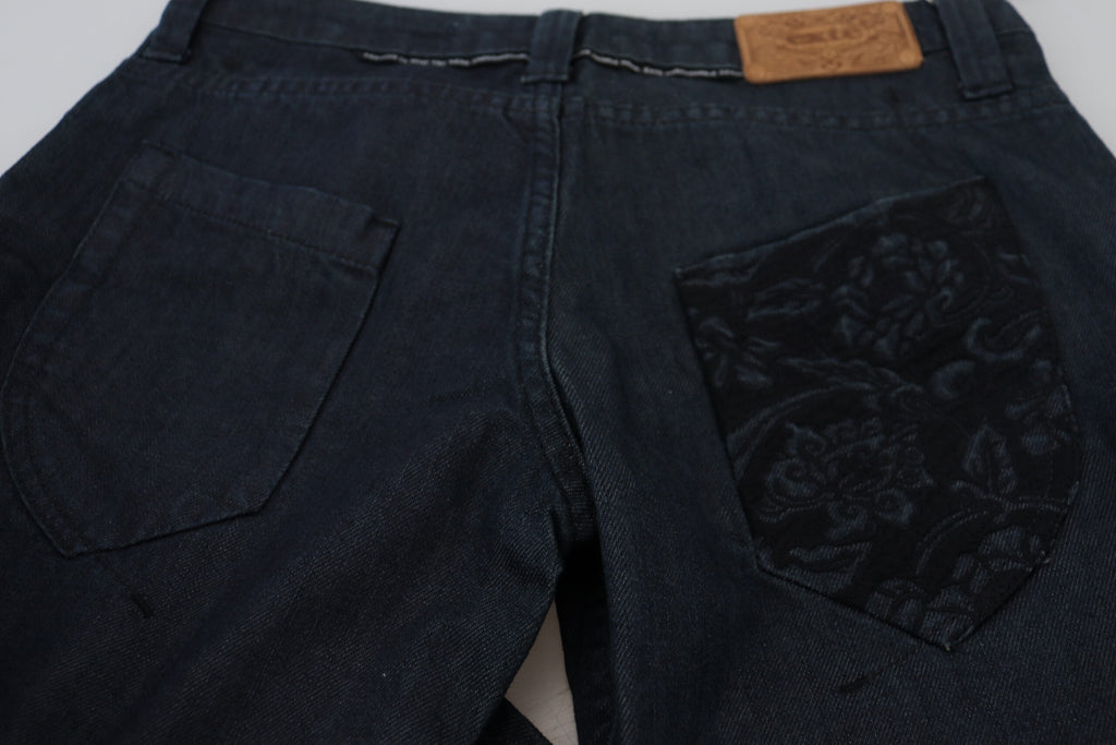 Mörkblå raka denimjeans med låg midja och dammotiv