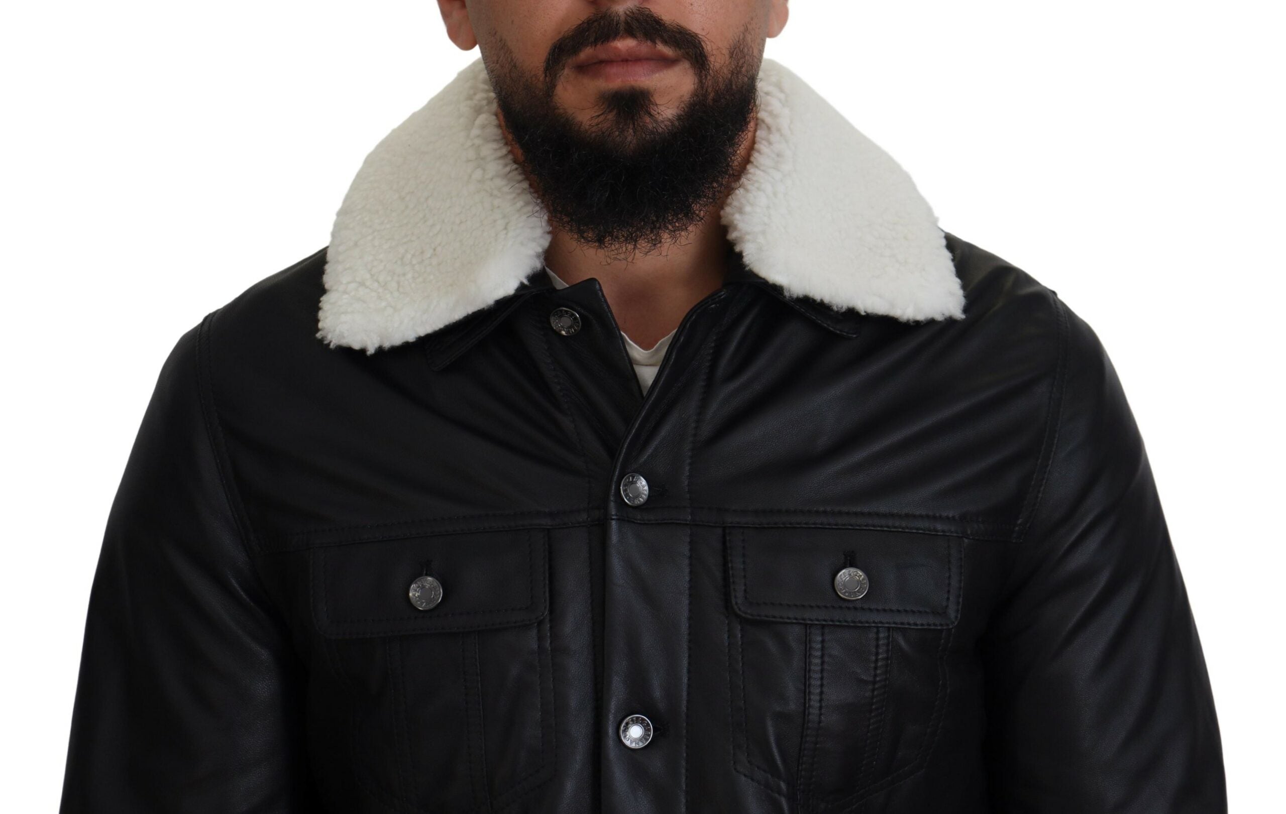 Dolce & Gabbana Black Lamb Leather Collared Men Coat Jacket