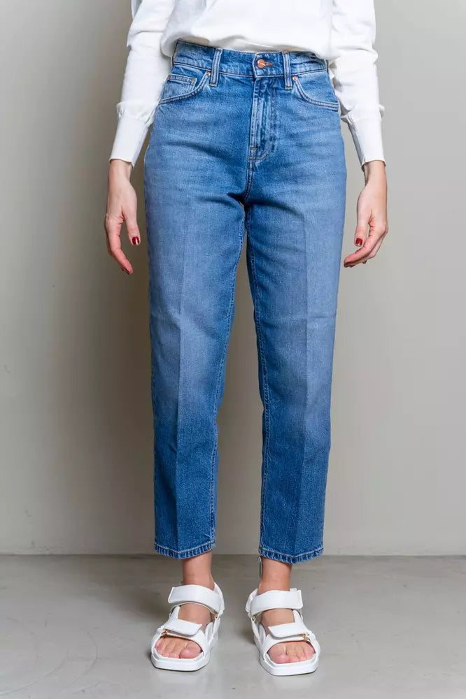 Förhöjda blå denimbyxor med hög midja för kvinnor