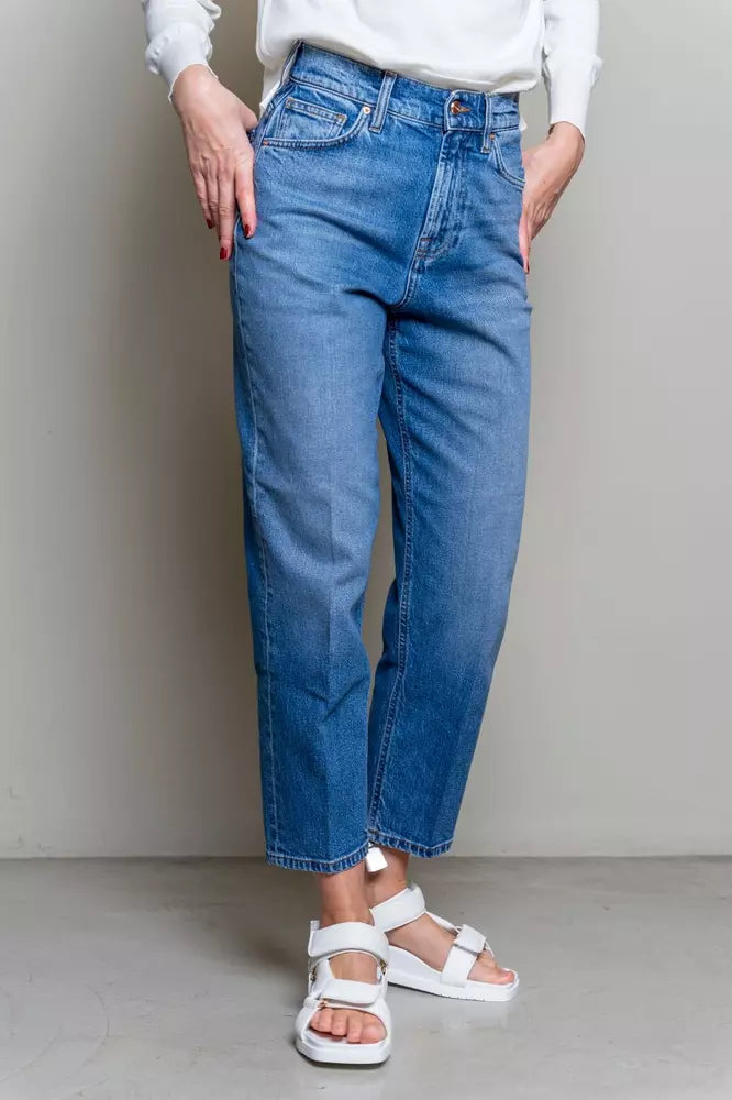 Förhöjda blå denimbyxor med hög midja för kvinnor