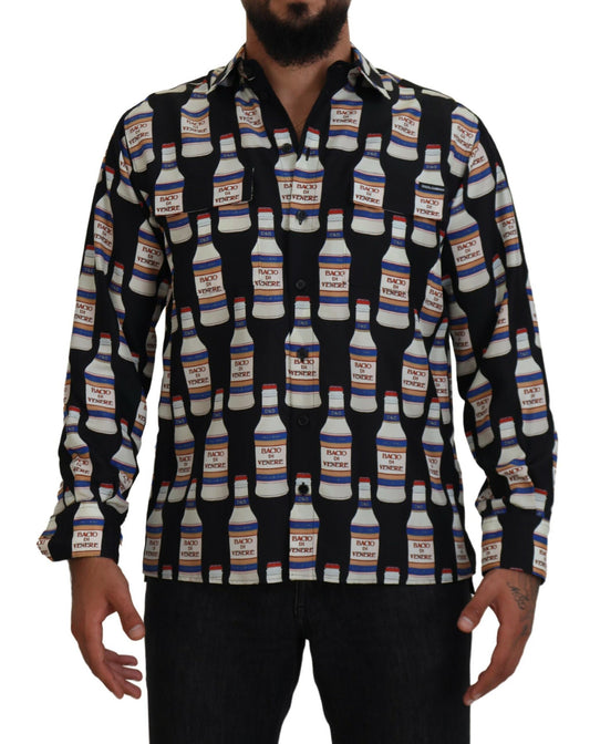 Dolce &amp; Gabbana Svart Sidenmönstrad Krage Herrskjorta Casual