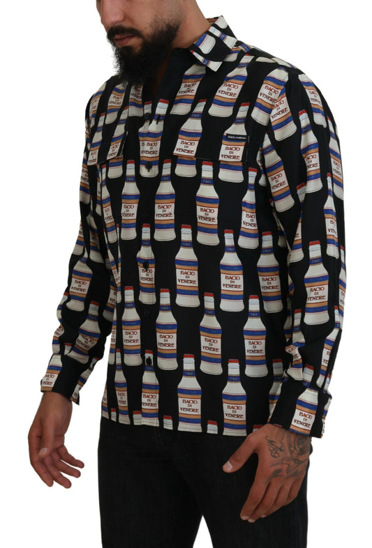Dolce &amp; Gabbana Svart Sidenmönstrad Krage Herrskjorta Casual