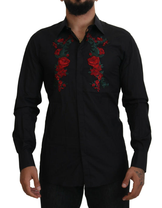 Dolce &amp; Gabbana Svart Blommig Broderi Herr Långärmad GULD Skjorta