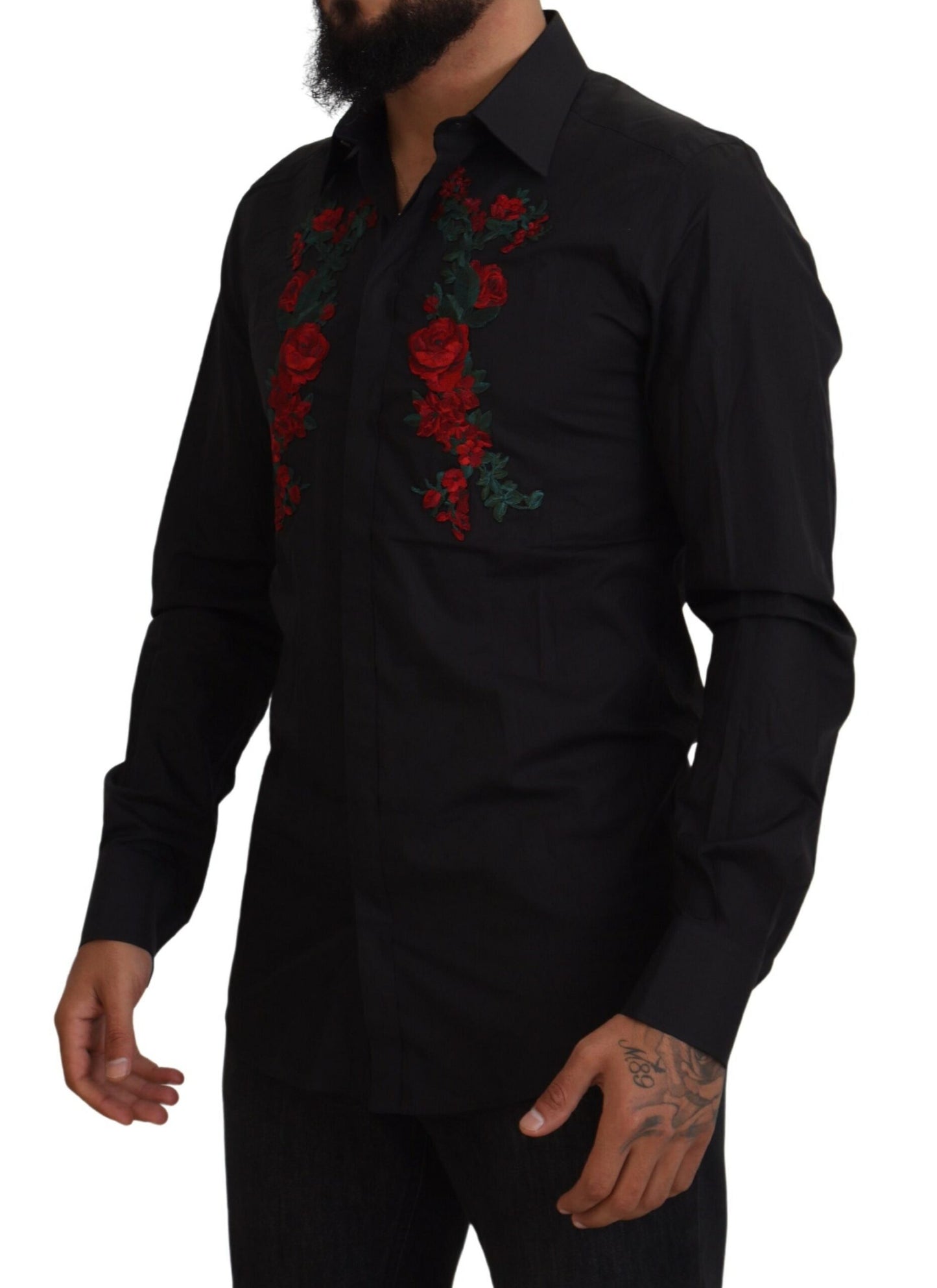 Dolce &amp; Gabbana Svart Blommig Broderi Herr Långärmad GULD Skjorta