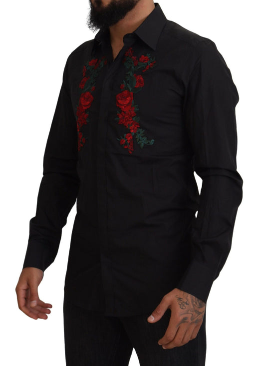 Dolce &amp; Gabbana Svart Blommig Broderi Herr Långärmad GULD Skjorta