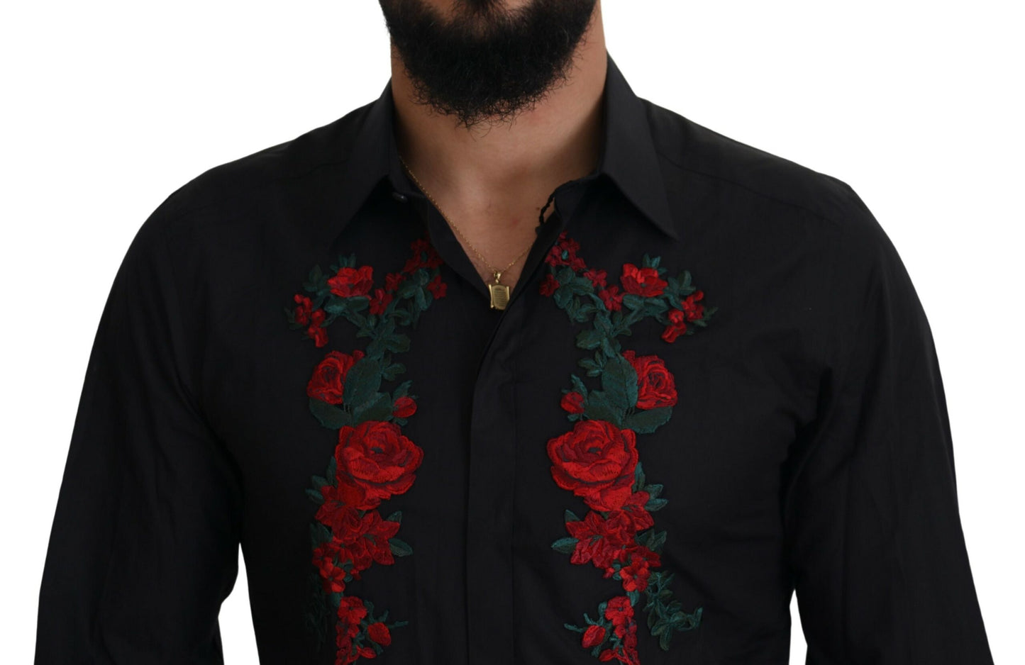 Dolce &amp; Gabbana Svart Blommig Broderi Herr Långärmad GULD Skjorta