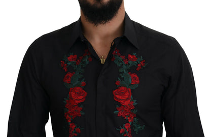 Dolce &amp; Gabbana Svart Blommig Broderi Herr Långärmad GULD Skjorta