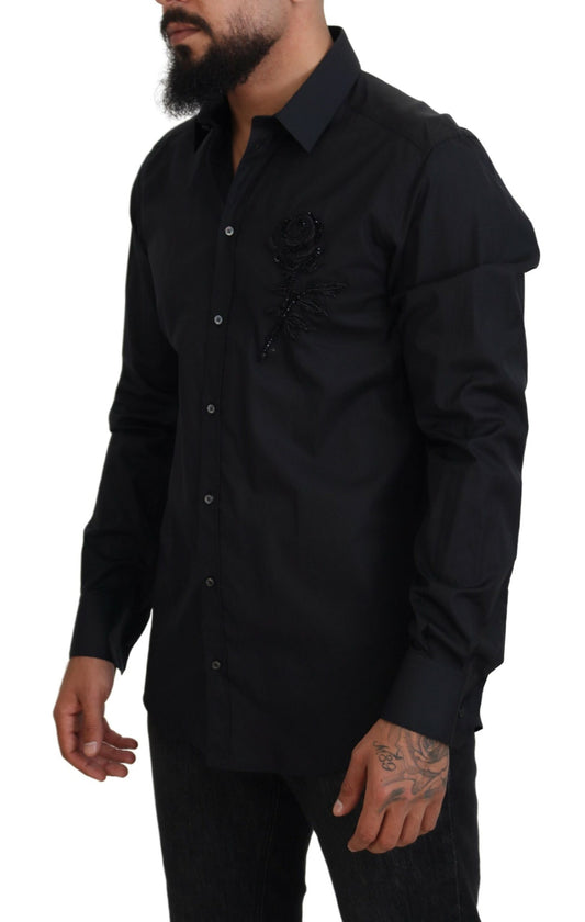 Dolce &amp; Gabbana Black Roses Slim Fit Bomullsskjorta