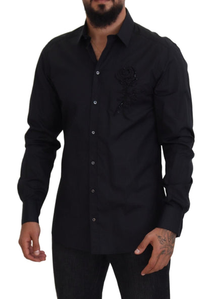 Dolce &amp; Gabbana Black Roses Slim Fit Bomullsskjorta