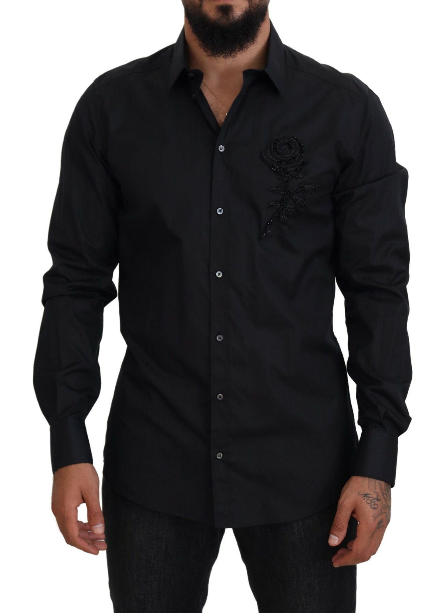 Dolce &amp; Gabbana Black Roses Slim Fit Bomullsskjorta