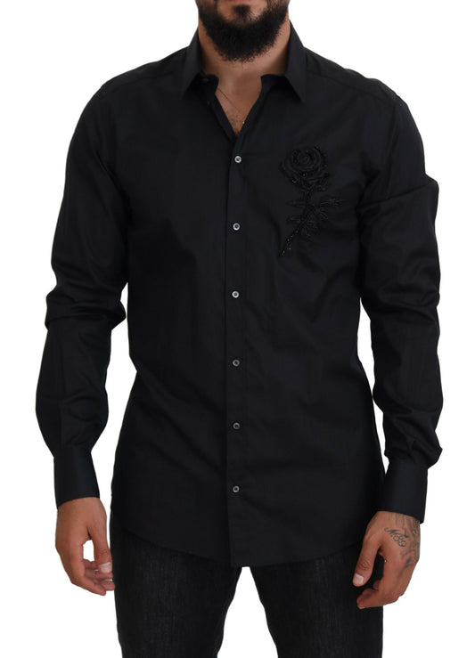 Dolce &amp; Gabbana Black Roses Slim Fit Bomullsskjorta